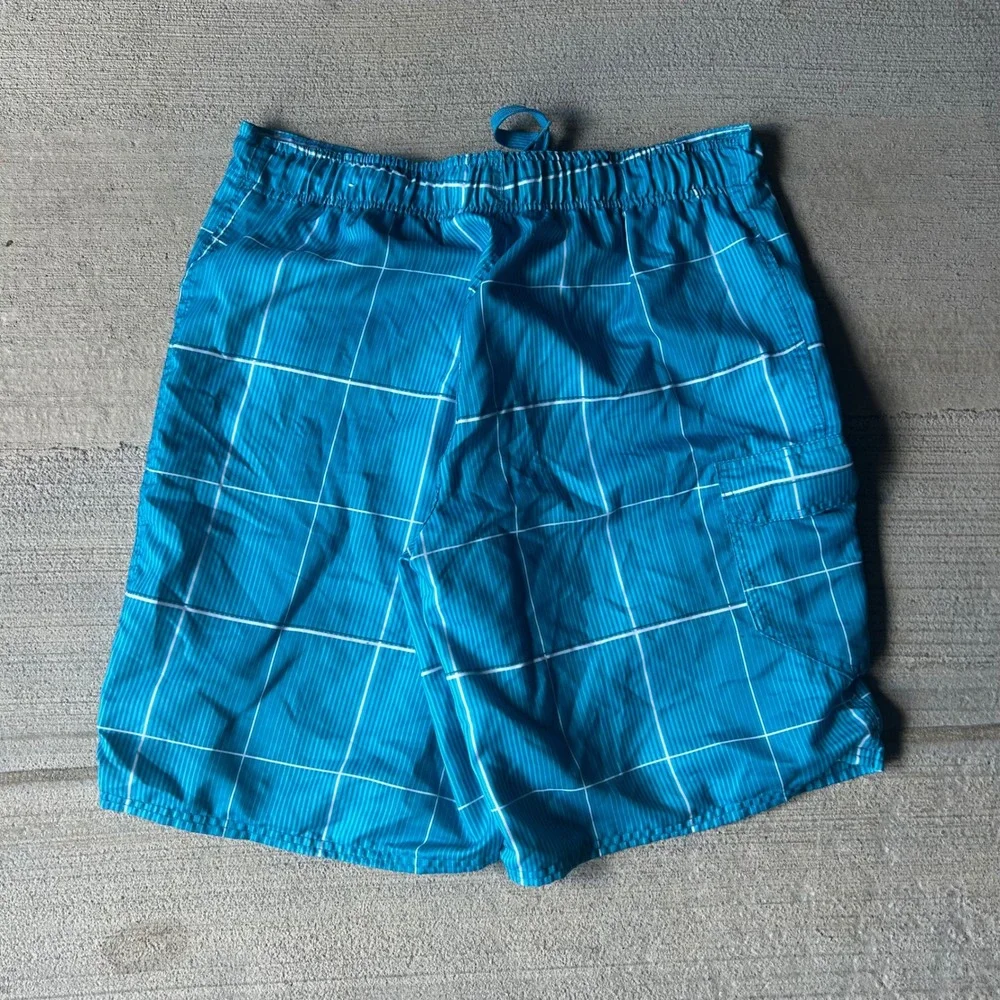 Vintage 2000s Ocean Pacific Mens Aqua Blue Grid Cargo Board Shorts